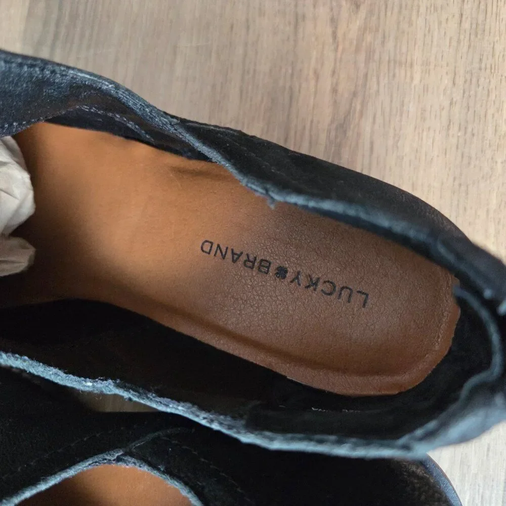 LIKE NEW LUCKY BRAND FITINA BLACK LEATHER ALMOND TOE ANKLE BOOTIES SIZE 9.5 WMNS